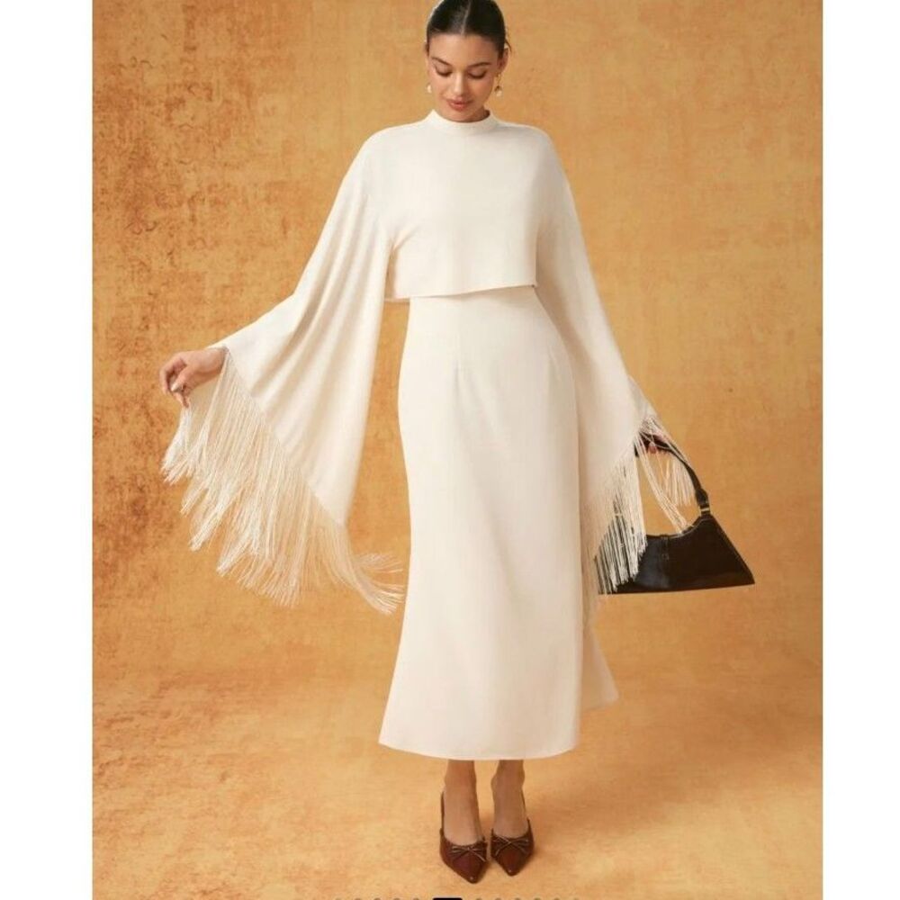 Cider High Neck Bell Sleeve Fringed Cape Overlay & Midi Dress Set